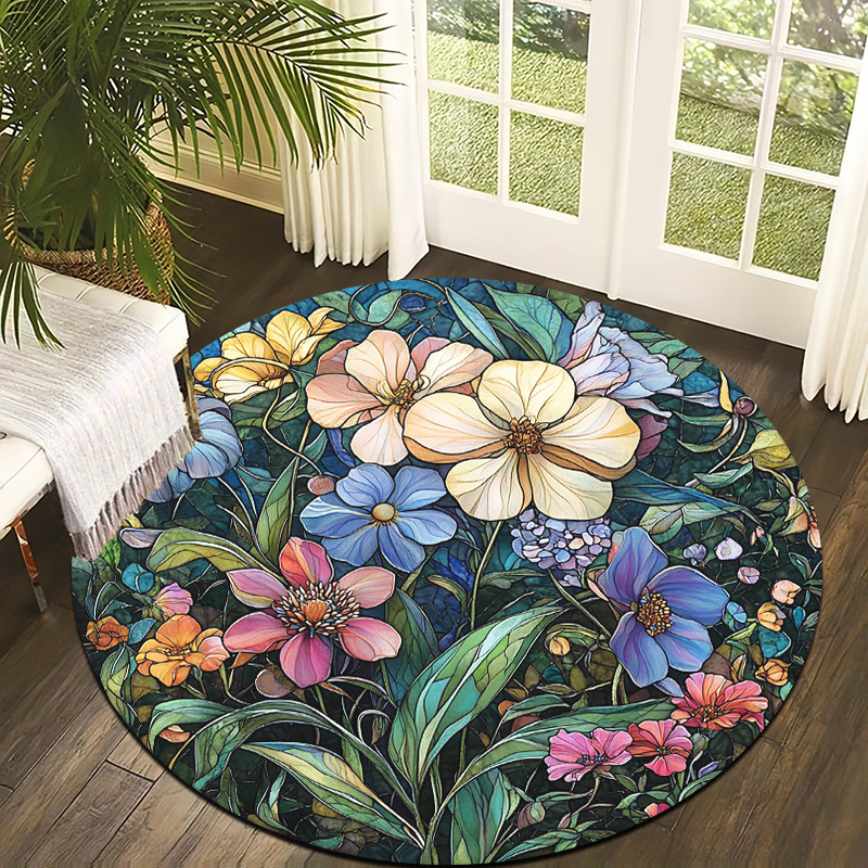 Commercial Glass Printing - Dark Teal Background Stained Glass Floral